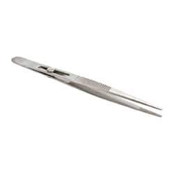 Value Collection - 5-3/4" OAL Stainless Steel Assembly Tweezers - Slide Locking Broad Point, Serrated Body/Tip - Best Tool & Supply