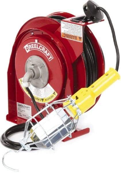 Reelcraft - 16 AWG, 50' Cable Length, Cord & Cable Reel with Incandescent Hand Lamp End - 1 Outlet, NEMA 5-15R, 13 Amps, 125 Volts, SJTOW Cable, Red Reel - Best Tool & Supply