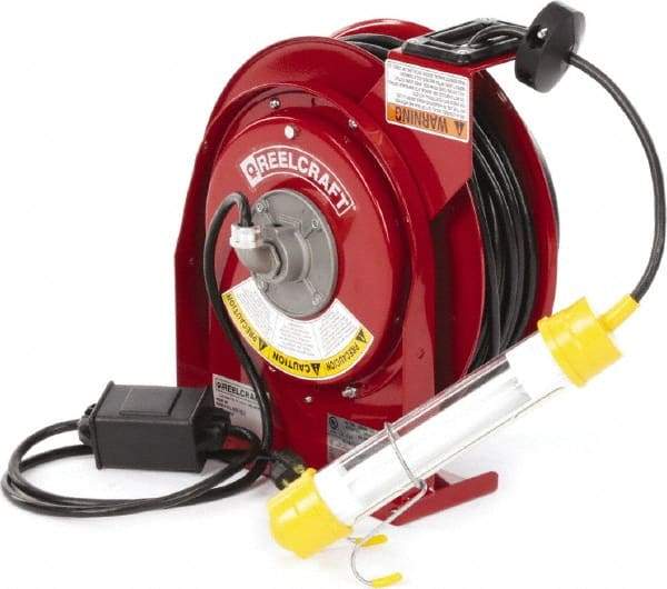 Reelcraft - 16 AWG, 50' Cable Length, Cord & Cable Reel with Fluorescent Hand Lamp End - 0 Outlets, 0.3 Amps, 125 Volts, SJTOW Cable, Red Reel - Best Tool & Supply