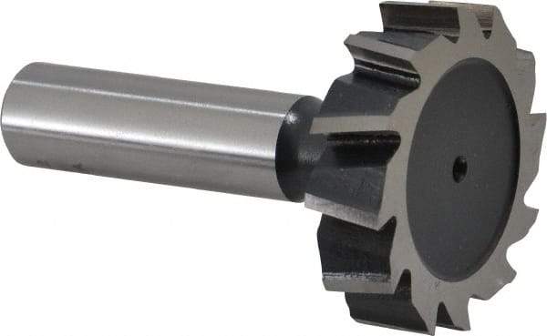 Interstate - 1-1/2" Diam x 3/8" Face Width, High Speed Steel, 16 Teeth, Shank Connection Woodruff Keyseat Cutter - Uncoated, 2-3/8" OAL x 1/2" Shank, Staggered Teeth, ANSI 1212, Old Standard G - Best Tool & Supply