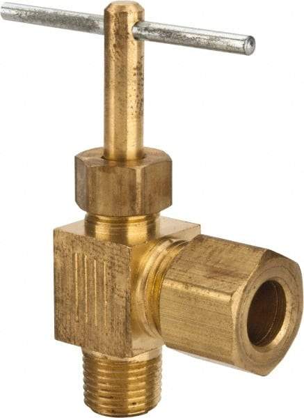 Parker - 5/16 x 1/8" Pipe, Angled Needle Valve - Compression x MNPTF Ends, Brass Valve, 150 Max psi - Best Tool & Supply