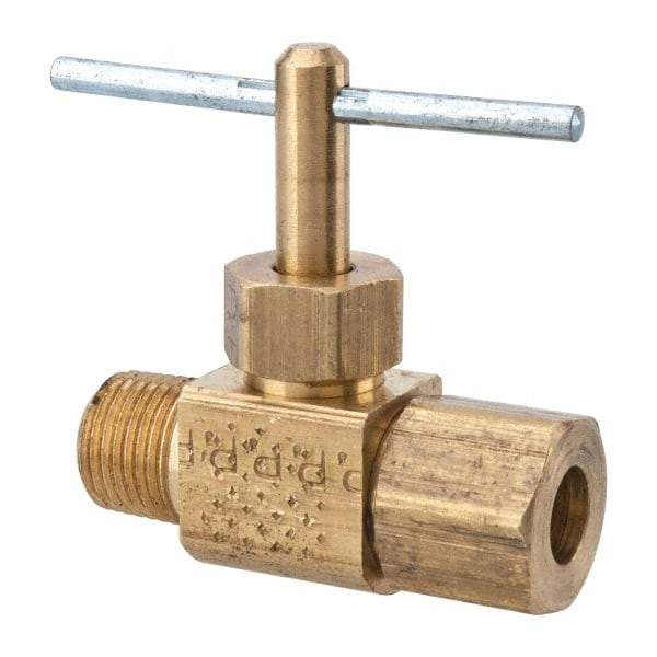 Parker - 1/4 x 1/8" Pipe, Inline Needle Valve - Compression x MNPTF Ends, Brass Valve, 150 Max psi - Best Tool & Supply