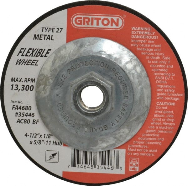 Value Collection - 80 Grit, 4-1/2" Wheel Diam, 1/8" Wheel Thickness, Type 27 Depressed Center Wheel - Best Tool & Supply