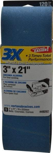 Norton - 3" Wide x 21" OAL, 120 Grit, Zirconia Alumina Abrasive Belt - Zirconia Alumina, Fine, Coated, Y Weighted Cloth Backing, Series 3X - Best Tool & Supply