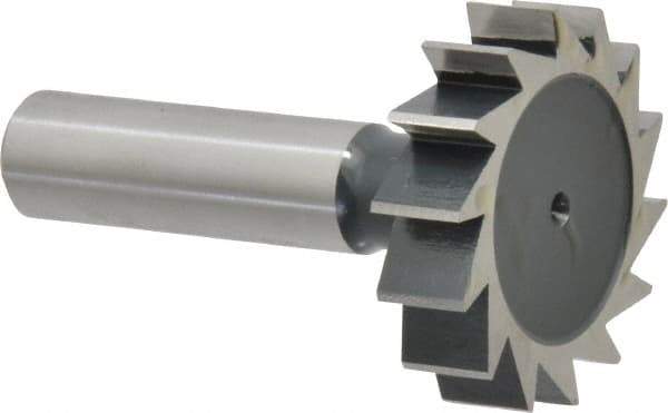 Interstate - 1-1/2" Diam x 3/8" Face Width, High Speed Steel, 16 Teeth, Shank Connection Woodruff Keyseat Cutter - Uncoated, 2-3/8" OAL x 1/2" Shank, Straight Teeth, ANSI 1212, Old Standard G - Best Tool & Supply