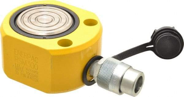 Enerpac - 30 Ton, 0.5" Stroke, 3.25 Cu In Oil Capacity, Portable Hydraulic Flat Body Cylinder - 6.49 Sq In Effective Area, 2.31" Lowered Ht., 2.81" Max Ht., 2.88" Cyl Bore Diam, 2.5" Plunger Rod Diam, 10,000 Max psi - Best Tool & Supply