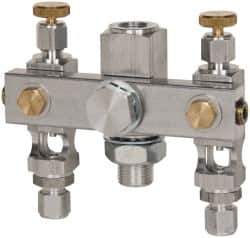 LDI Industries - 5/8-18 Outlet Thread, 1/4 Inlet Thread, Aluminum, Straight Valve, Oil Reservoir Needle Valve Manifold - 2 Outlet, 4-3/16" Wide, NPTF Inlet Thread, UNF Outlet Thread - Best Tool & Supply