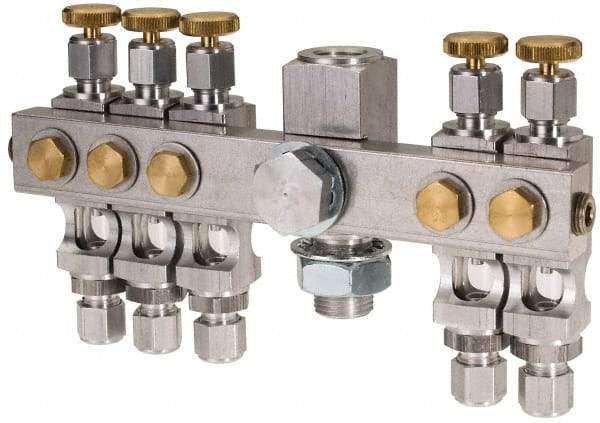 LDI Industries - 5/8-18 Outlet Thread, 1/4 Inlet Thread, Aluminum, Straight Valve, Oil Reservoir Needle Valve Manifold - 5 Outlet, 6-7/16" Wide, NPTF Inlet Thread, UNF Outlet Thread - Best Tool & Supply