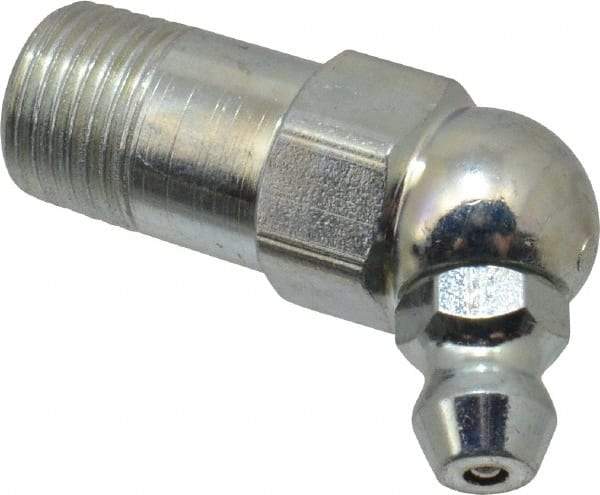 Alemite - 65° Head Angle, 1/8 PTF Carbon Steel Standard Grease Fitting - 7/16" Hex, 1-7/32" Overall Height, 9/16" Shank Length, 10,000 Operating psi, Zinc Plated Finish - Best Tool & Supply