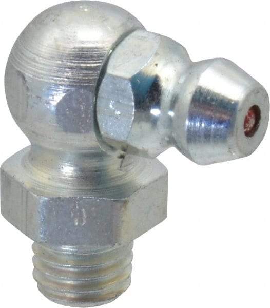 Alemite - 90° Head Angle, 1/4-28 Taper Steel Taper Thread Grease Fitting - 3/8" Hex, 3/4" Overall Height, 13/64" Shank Length, 10,000 Operating psi, Zinc Plated Finish - Best Tool & Supply