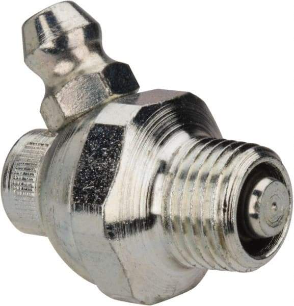 Alemite - 60° Head Angle, 1/8 PTF Nickel/Copper Shut-Off Grease Fitting - 5/8" Hex, 1" Overall Height, 17/64" Shank Length, Zinc Plated Finish - Best Tool & Supply