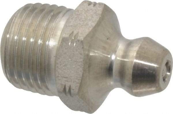 Alemite - Straight Head Angle, 1/8 PTF Stainless Steel Standard Grease Fitting - 7/16" Hex, 3/4" Overall Height, 5/16" Shank Length - Best Tool & Supply