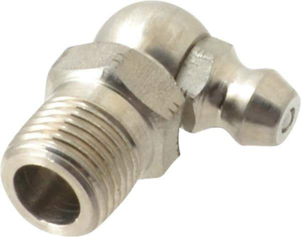 Alemite - 90° Head Angle, 1/8 PTF Stainless Steel Standard Grease Fitting - 7/16" Hex, 7/8" Overall Height, 11/32" Shank Length - Best Tool & Supply