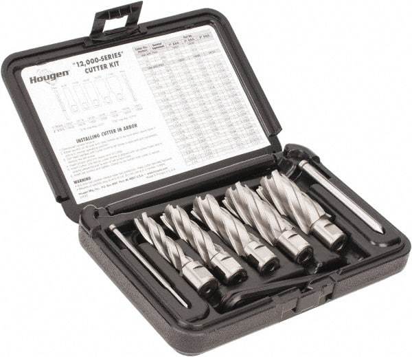 Hougen - 8 Piece, 9/16 to 1-1/16" Cutter Diam, 2" Cutting Depth, High Speed Steel Annular Cutter Set - Bright Finish, 3/4" Shank Diam, 9/16, 11/16, 13/16, 15/16, 1-1/16" Cutter Diams, 2 Flats on Shank - Best Tool & Supply