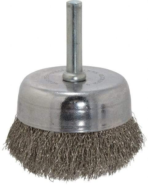 Made in USA - 2-1/4" Diam, 1/4" Shank Crimped Wire Stainless Steel Cup Brush - 0.008" Filament Diam, 5/8" Trim Length, 13,000 Max RPM - Best Tool & Supply