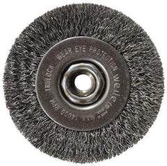 Weiler - 4" OD, 1/2-13 Arbor Hole, Crimped Steel Wheel Brush - 1/2" Face Width, 7/8" Trim Length, 0.014" Filament Diam, 14,000 RPM - Best Tool & Supply