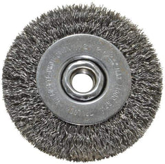 Weiler - 4" OD, 5/8-11 Arbor Hole, Crimped Steel Wheel Brush - 1/2" Face Width, 7/8" Trim Length, 0.014" Filament Diam, 14,000 RPM - Best Tool & Supply