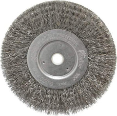 Weiler - 6" OD, 5/8" Arbor Hole, Crimped Steel Wheel Brush - 3/4" Face Width, 1-7/16" Trim Length, 0.0104" Filament Diam, 6,000 RPM - Best Tool & Supply