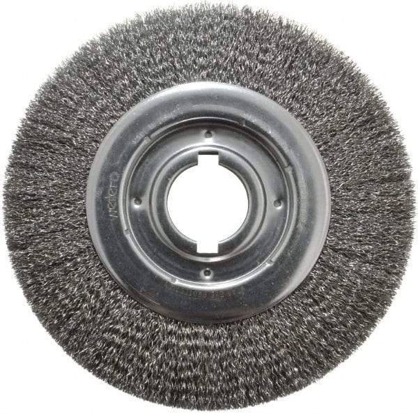 Weiler - 10" OD, 2" Arbor Hole, Crimped Steel Wheel Brush - 1-1/8" Face Width, 2" Trim Length, 0.014" Filament Diam, 3,600 RPM - Best Tool & Supply