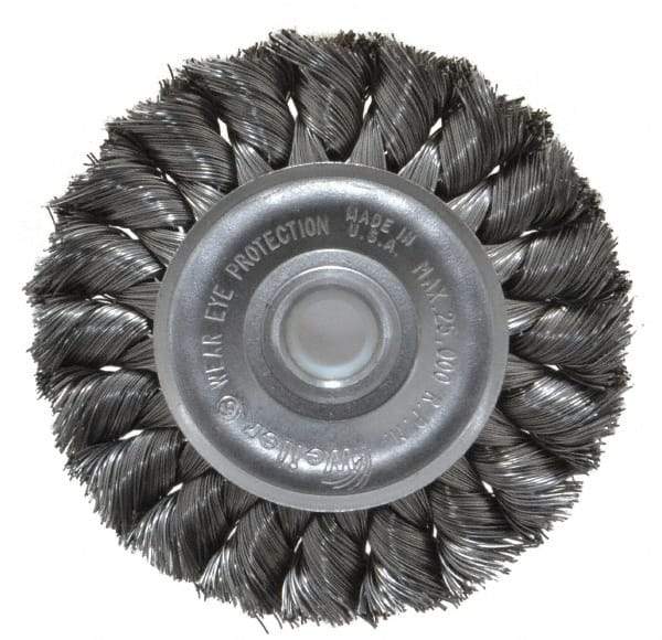 Weiler - 3" OD, 1/2" Arbor Hole, Knotted Steel Wheel Brush - 3/8" Face Width, 5/8" Trim Length, 0.0118" Filament Diam, 25,000 RPM - Best Tool & Supply