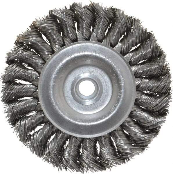 Weiler - 4" OD, 1/2" Arbor Hole, Knotted Steel Wheel Brush - 1/2" Face Width, 7/8" Trim Length, 0.014" Filament Diam, 20,000 RPM - Best Tool & Supply