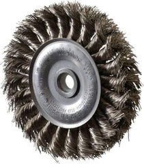 Weiler - 4" OD, 1/2" Arbor Hole, Knotted Stainless Steel Wheel Brush - 1/2" Face Width, 7/8" Trim Length, 0.014" Filament Diam, 20,000 RPM - Best Tool & Supply