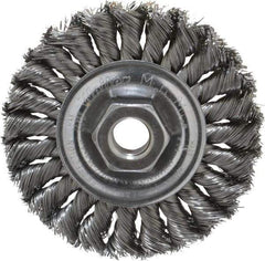 Weiler - 4" OD, 5/8-11 Arbor Hole, Knotted Steel Wheel Brush - 1/2" Face Width, 7/8" Trim Length, 0.014" Filament Diam, 20,000 RPM - Best Tool & Supply