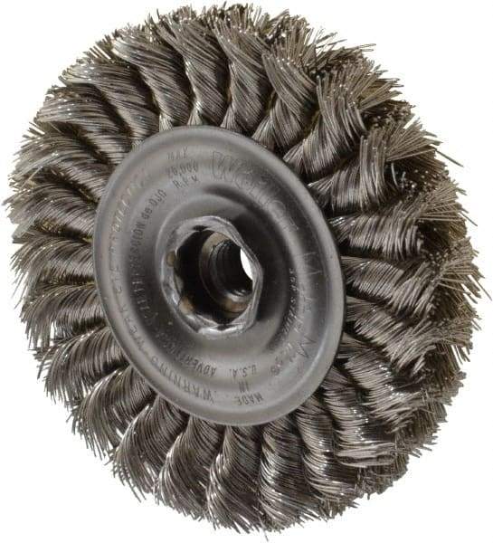 Weiler - 4" OD, 1/2-13 Arbor Hole, Knotted Stainless Steel Wheel Brush - 1/2" Face Width, 7/8" Trim Length, 0.014" Filament Diam, 20,000 RPM - Best Tool & Supply