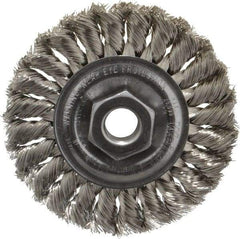 Weiler - 4" OD, 5/8-11 Arbor Hole, Knotted Stainless Steel Wheel Brush - 1/2" Face Width, 7/8" Trim Length, 0.014" Filament Diam, 20,000 RPM - Best Tool & Supply