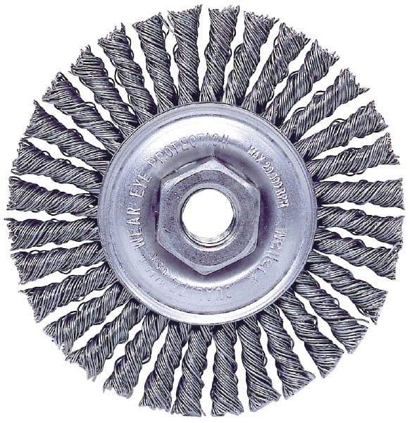 Weiler - 4" OD, M10x1.50 Arbor Hole, Knotted Stainless Steel Wheel Brush - 3/16" Face Width, 7/8" Trim Length, 0.02" Filament Diam, 20,000 RPM - Best Tool & Supply