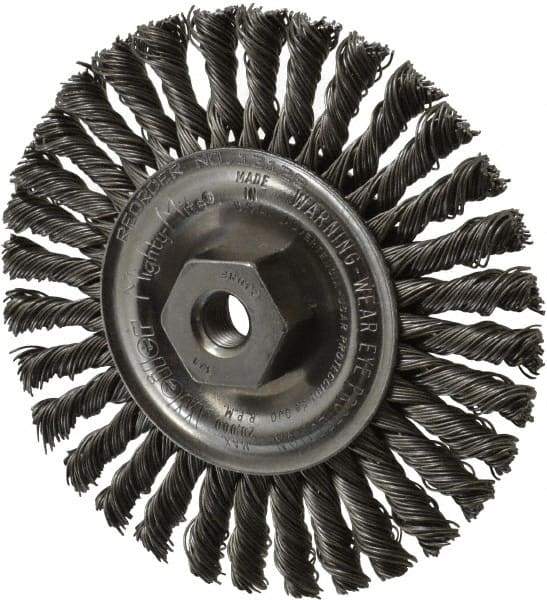 Weiler - 4" OD, 3/8-24 Arbor Hole, Knotted Steel Wheel Brush - 3/16" Face Width, 7/8" Trim Length, 0.02" Filament Diam, 20,000 RPM - Best Tool & Supply