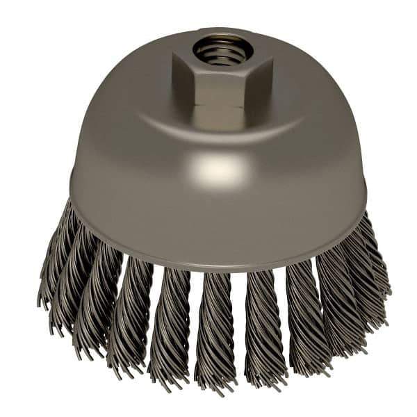 Weiler - 2-3/4" Diam, 5/8-11 Threaded Arbor, Stainless Steel Fill Cup Brush - 0.02 Wire Diam, 7/8" Trim Length, 14,000 Max RPM - Best Tool & Supply