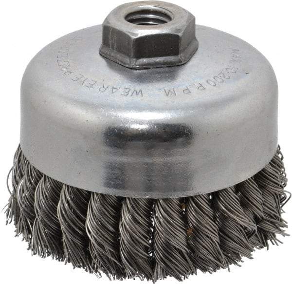 Weiler - 4" Diam, 5/8-11 Threaded Arbor, Steel Fill Cup Brush - 0.023 Wire Diam, 1-1/4" Trim Length, 9,000 Max RPM - Best Tool & Supply