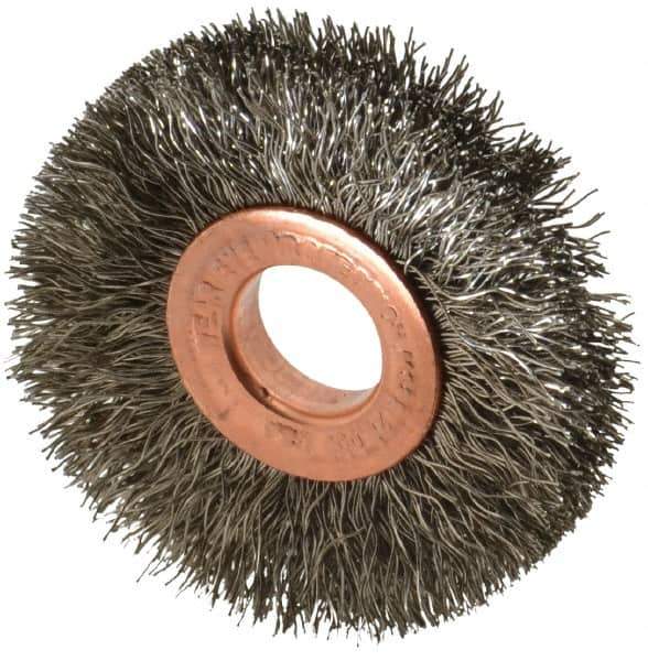 Weiler - 2" OD, 1/2" Arbor Hole, Crimped Stainless Steel Wheel Brush - 3/8" Face Width, 1/2" Trim Length, 0.0104" Filament Diam, 20,000 RPM - Best Tool & Supply