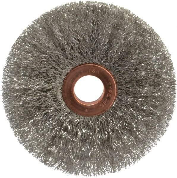 Weiler - 3" OD, 1/2" Arbor Hole, Crimped Stainless Steel Wheel Brush - 5/8" Face Width, 1" Trim Length, 0.006" Filament Diam, 20,000 RPM - Best Tool & Supply