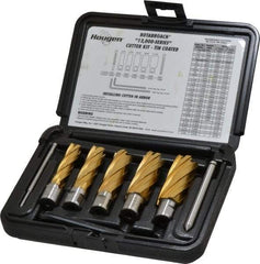 Hougen - 9 Piece, 9/16 to 1-1/16" Cutter Diam, 2" Cutting Depth, High Speed Steel Annular Cutter Set - TiN Finish, 3/4" Shank Diam, 9/16, 11/16, 13/16, 15/16, 1-1/16" Cutter Diams, 2 Flats on Shank - Best Tool & Supply