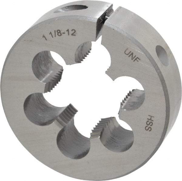 Interstate - 1-1/8 - 12 UNF Thread, 2-1/2" Outside Diam High Speed Steel Round Die - Right Hand Thread, Adjustable - Exact Industrial Supply