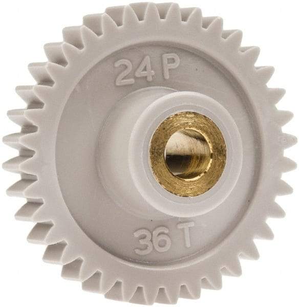 Made in USA - 24 Pitch, 1-1/2" Pitch Diam, 1.583" OD, 36 Tooth Spur Gear - 1/4" Face Width, 1/4" Bore Diam, 5/8" Hub Diam, 20° Pressure Angle, Acetal - Best Tool & Supply