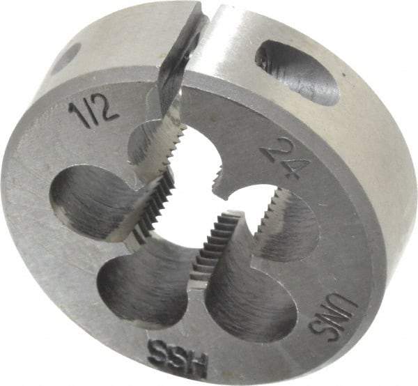 Interstate - 1/2-24 UNS Thread, 1-1/2" Outside Diam High Speed Steel Round Die - Right Hand Thread, Adjustable - Exact Industrial Supply