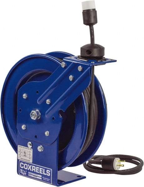 CoxReels - 16 AWG, 35' Cable Length, Cord & Cable Reel with Outlet End - 1 Outlet, NEMA 5-15R, 13 Amps, 115 Volts, SJO Cable, Blue Reel, Spring Driven Reel - Best Tool & Supply