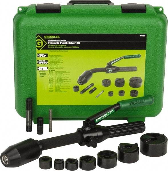 Greenlee - 11 Piece, 1/2 to 2" Punch Hole Diam, Hydraulic Punch Driver Kit - Round Punch, 10 Gage Mild Steel - Best Tool & Supply