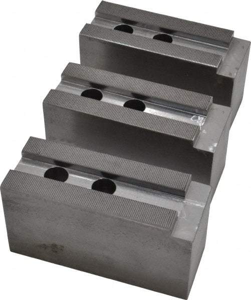 H & R Manufacturing - 15" Chuck Capacity, 1.5mm x 60° Serrated Attachment, Square Soft Lathe Chuck Jaw - 3 Jaws, Steel, 1.69" Btw Mount Hole Ctrs, 6-1/2" Long x 2-1/2" Wide x 3-1/2" High, 0.866" Groove, 20mm Fastener - Best Tool & Supply