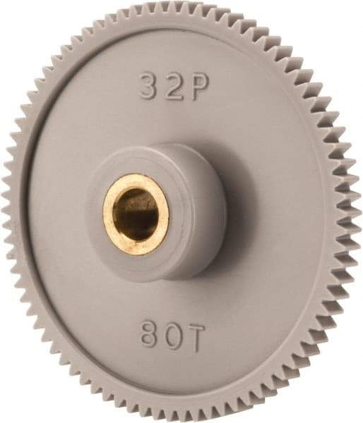 Made in USA - 32 Pitch, 2-1/2" Pitch Diam, 2-9/16" OD, 80 Tooth Spur Gear - 3/16" Face Width, 5/16" Bore Diam, 13/16" Hub Diam, 20° Pressure Angle, Acetal - Best Tool & Supply