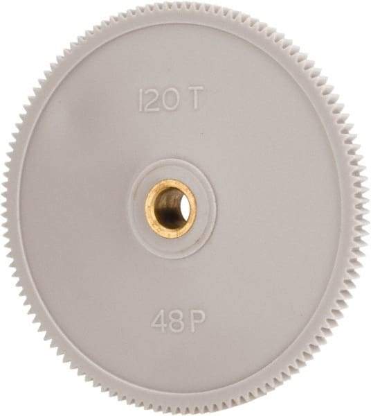 Made in USA - 48 Pitch, 2-1/2" Pitch Diam, 2.542" OD, 120 Tooth Spur Gear - 1/8" Face Width, 1/4" Bore Diam, 39/64" Hub Diam, 20° Pressure Angle, Acetal - Best Tool & Supply