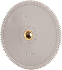 Made in USA - 48 Pitch, 2-1/2" Pitch Diam, 2.542" OD, 120 Tooth Spur Gear - 1/8" Face Width, 1/4" Bore Diam, 39/64" Hub Diam, 20° Pressure Angle, Acetal - Best Tool & Supply