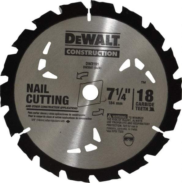 DeWALT - 7-1/4" Diam, 5/8" Arbor Hole Diam, 18 Tooth Wet & Dry Cut Saw Blade - Carbide-Tipped, General Purpose Action, Diamond Arbor - Best Tool & Supply