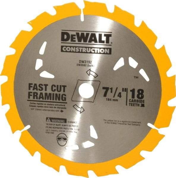 DeWALT - 7-1/4" Diam, 5/8" Arbor Hole Diam, 18 Tooth Wet & Dry Cut Saw Blade - Carbide-Tipped, General Purpose Action, Diamond Arbor - Best Tool & Supply