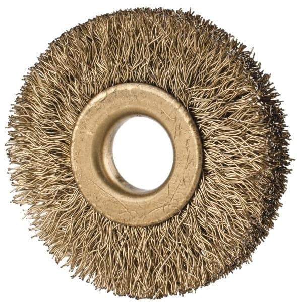 Value Collection - 1-1/2" OD, 3/8" Arbor Hole, Crimped Brass-Coated Steel Wheel Brush - 1/4" Face Width, 3/8" Trim Length, 0.007" Filament Diam, 20,000 RPM - Best Tool & Supply