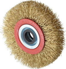 Value Collection - 4" OD, 3/4" Arbor Hole, Crimped Brass-Coated Steel Wheel Brush - 3/4" Face Width, 11/16" Trim Length, 0.014" Filament Diam, 8,000 RPM - Best Tool & Supply