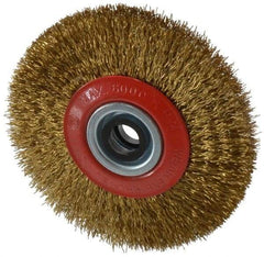 Value Collection - 5" OD, 3/4" Arbor Hole, Crimped Brass-Coated Steel Wheel Brush - 11/16" Face Width, 1-3/32" Trim Length, 0.014" Filament Diam, 6,000 RPM - Best Tool & Supply